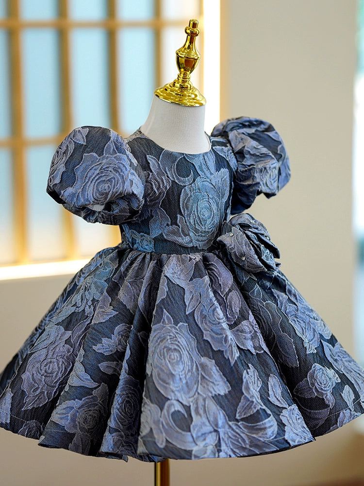 Princess Royal Blue Satin Back Zip Baptism Tea Length Short Sleeve Puff Sleeve Round Flower Girl Dress