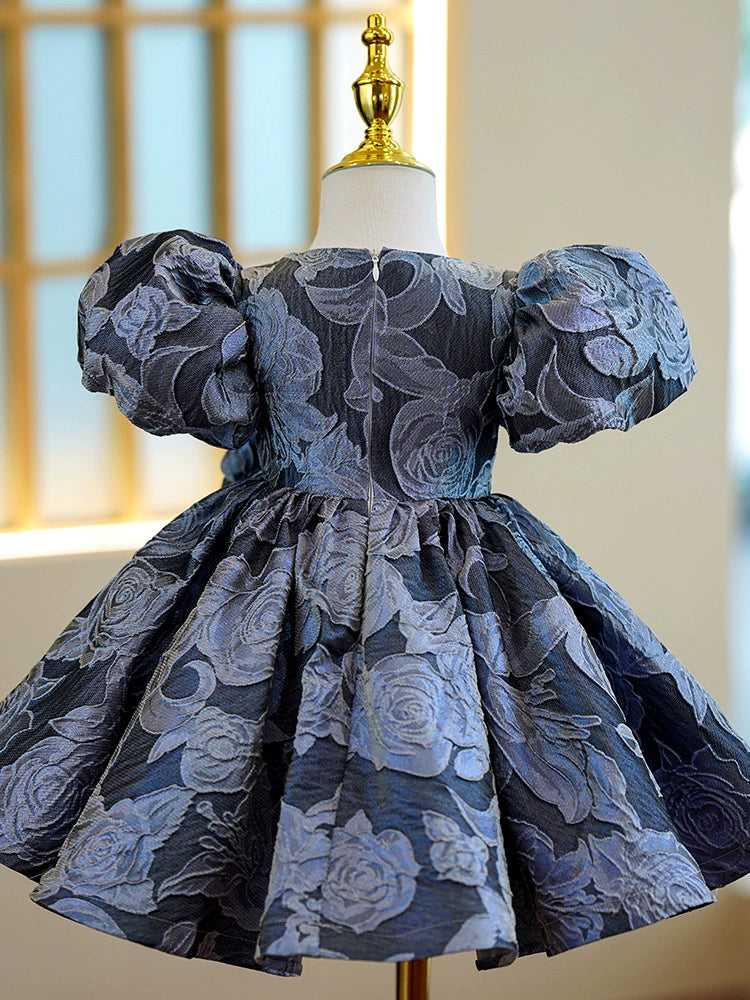 Princess Royal Blue Satin Back Zip Baptism Tea Length Short Sleeve Puff Sleeve Round Flower Girl Dress