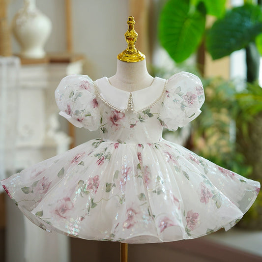 Princess White Organza Back Zip Baptism Flower(s) Tea Length Short Sleeve Puff Sleeve Collared Neck Flower Girl Dress