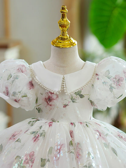 Princess White Organza Back Zip Baptism Flower(s) Tea Length Short Sleeve Puff Sleeve Collared Neck Flower Girl Dress