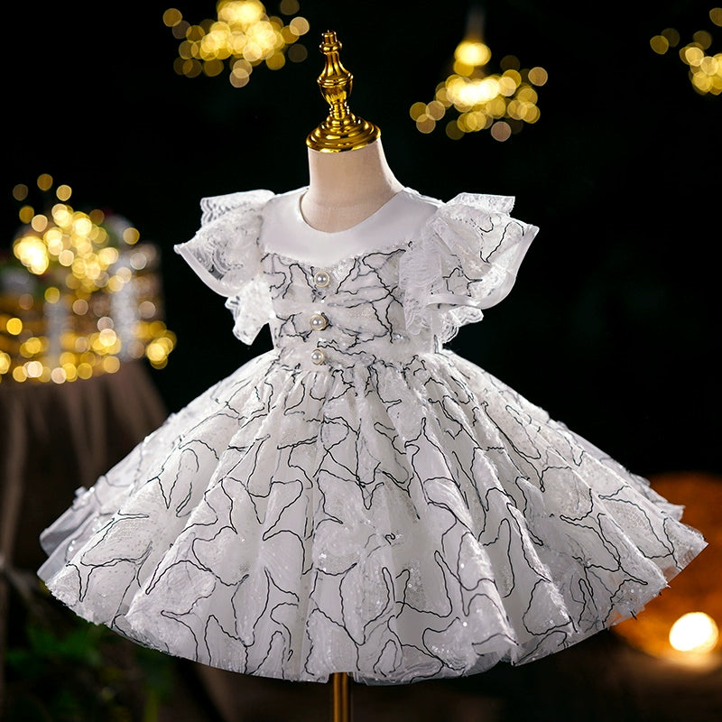 Princess White Organza Back Zip Baptism Sequins Tea Length Short Sleeve Cap Sleeve Round Flower Girl Dress