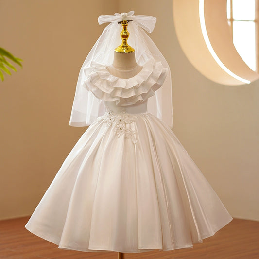 Princess White Satin Back Zip Baptism Lace Floor Length Short Sleeve Cap Sleeve Round Flower Girl Dress