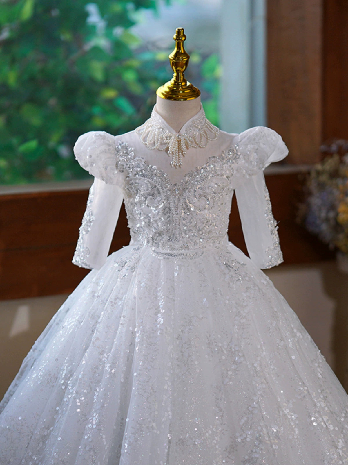 Princess White Sequined Back Zip Baptism Lace Floor Length Long Sleeve Puff Sleeve Mock Neck Flower Girl Dress