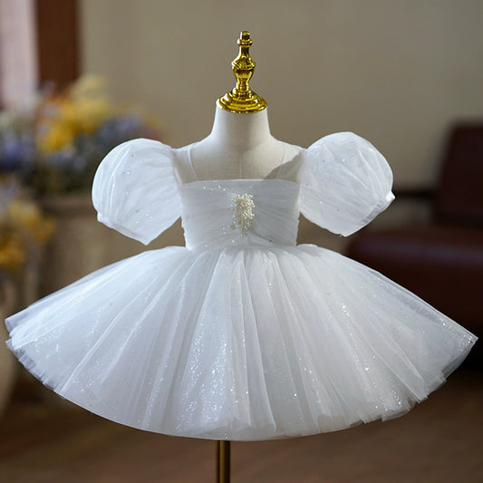 Princess White Sequined Back Zip Baptism Sequins Tea Length Short Sleeve Puff Sleeve Square Flower Girl Dress