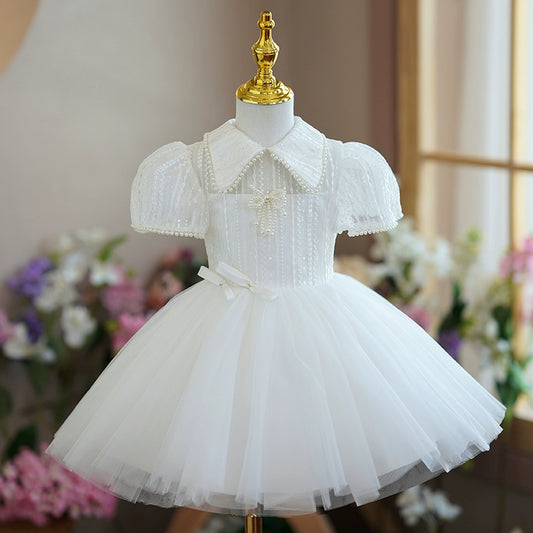 Princess White Tulle Back Zip Baptism Beaded Tea Length Short Sleeve Puff Sleeve Collared Neck Flower Girl Dress