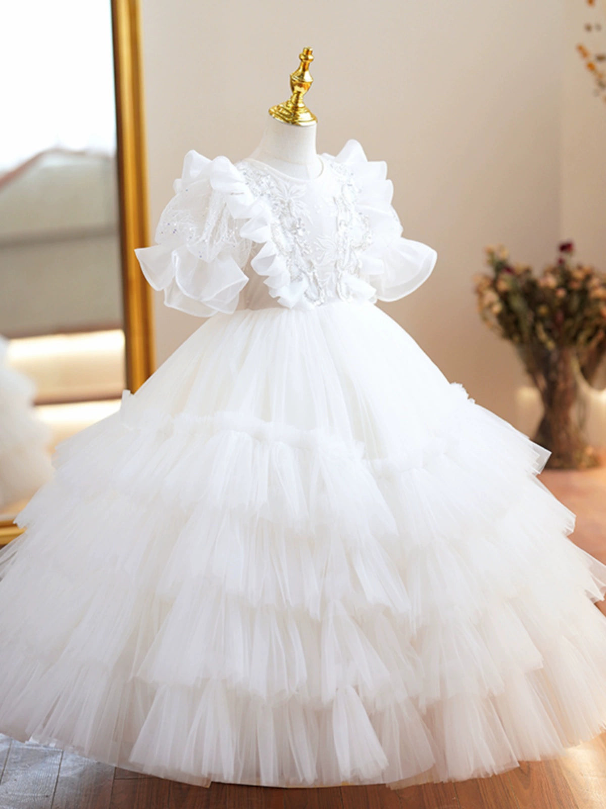 Princess White Tulle Back Zip Baptism Lace Floor Length Short Sleeve Puff Sleeve Round Flower Girl Dress