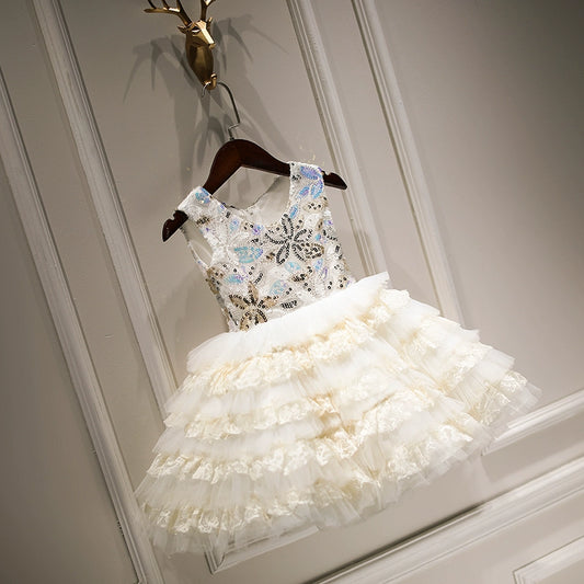 Princess White Tulle Back Zip Baptism Lace Tea Length Sleeveless Scoop Flower Girl Dress