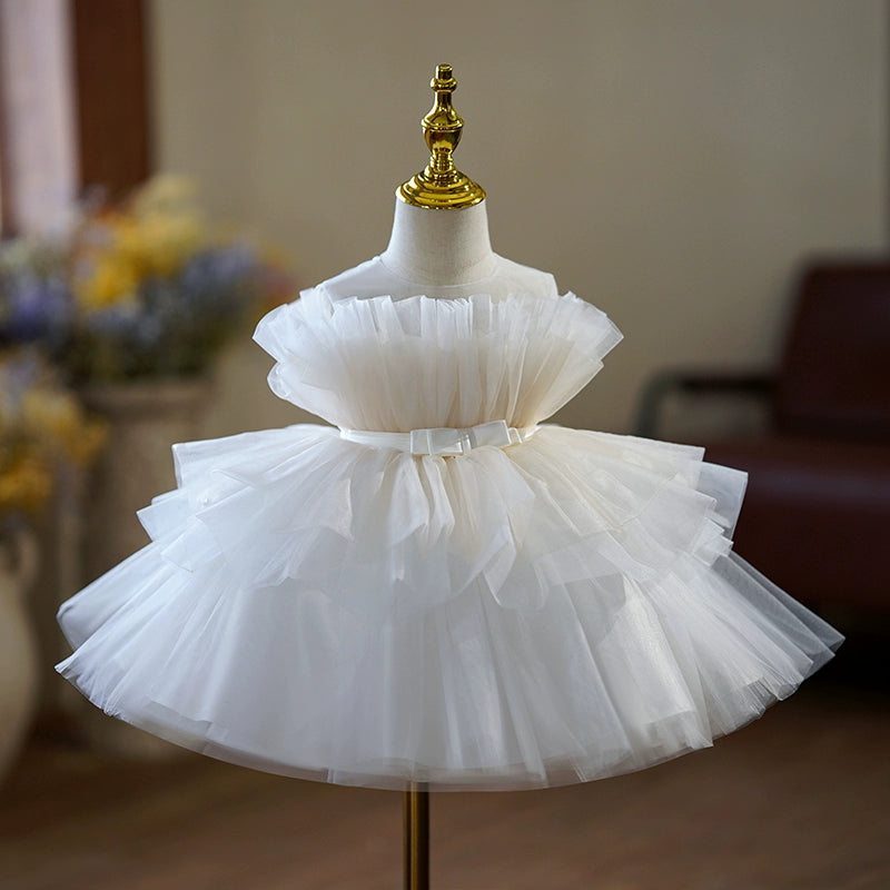 Princess White Tulle Back Zip Baptism Pleated Tea Length Sleeveless Round Flower Girl Dress