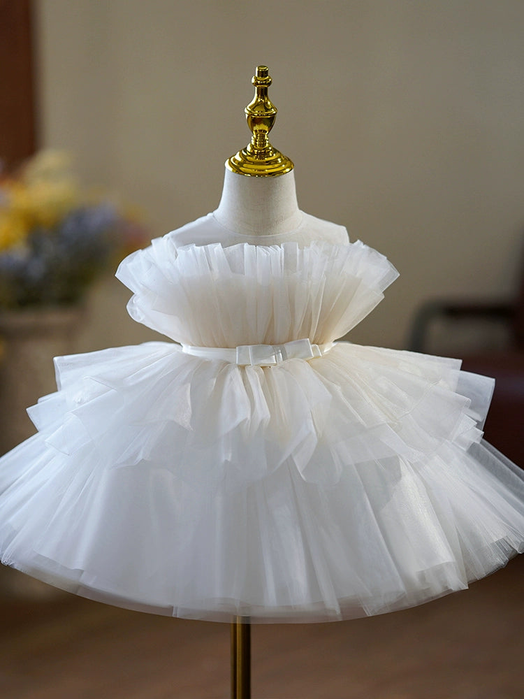 Princess White Tulle Back Zip Baptism Pleated Tea Length Sleeveless Round Flower Girl Dress