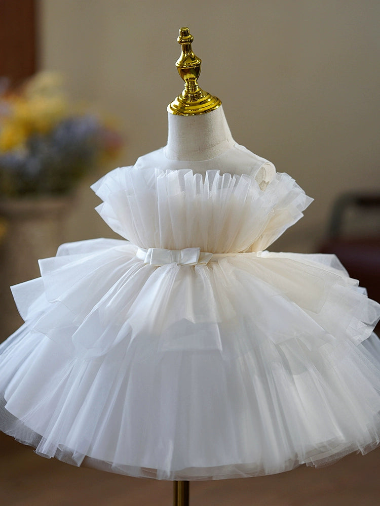 Princess White Tulle Back Zip Baptism Pleated Tea Length Sleeveless Round Flower Girl Dress