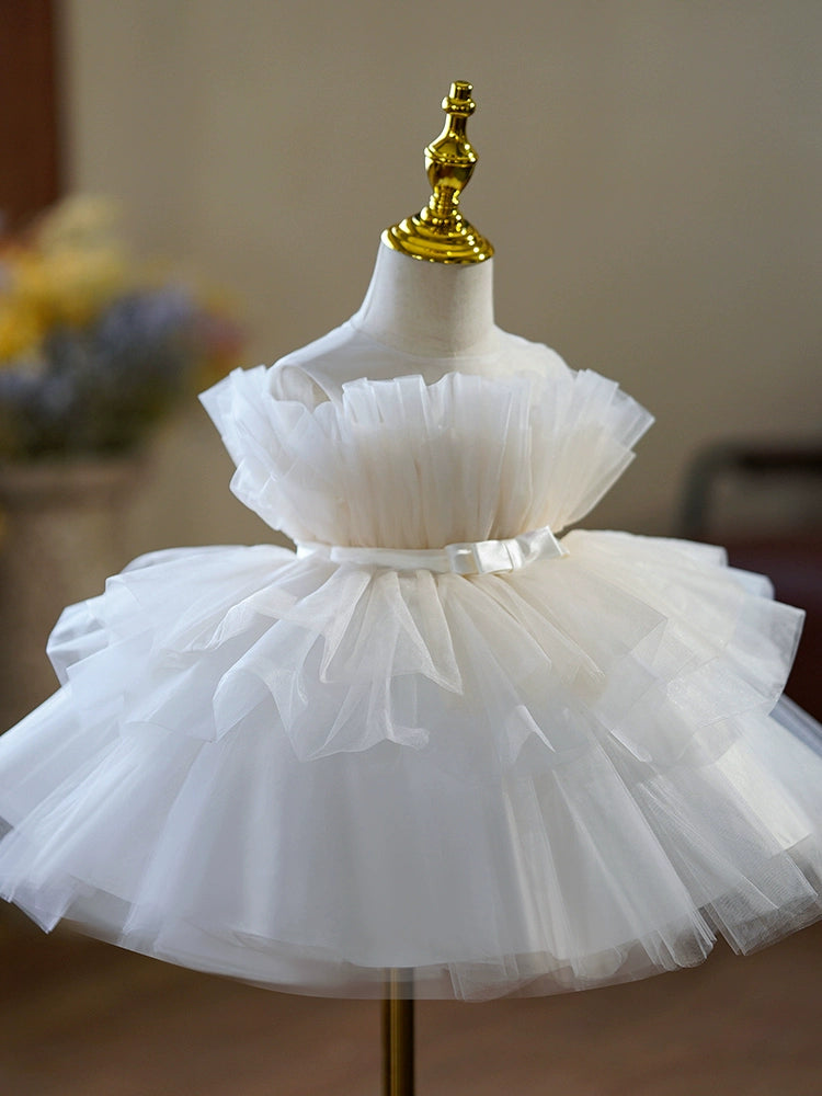 Princess White Tulle Back Zip Baptism Pleated Tea Length Sleeveless Round Flower Girl Dress