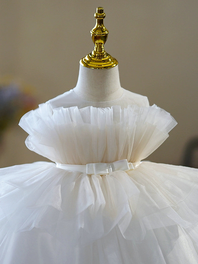 Princess White Tulle Back Zip Baptism Pleated Tea Length Sleeveless Round Flower Girl Dress