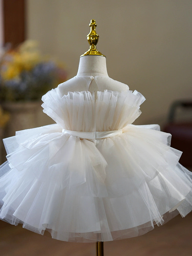 Princess White Tulle Back Zip Baptism Pleated Tea Length Sleeveless Round Flower Girl Dress
