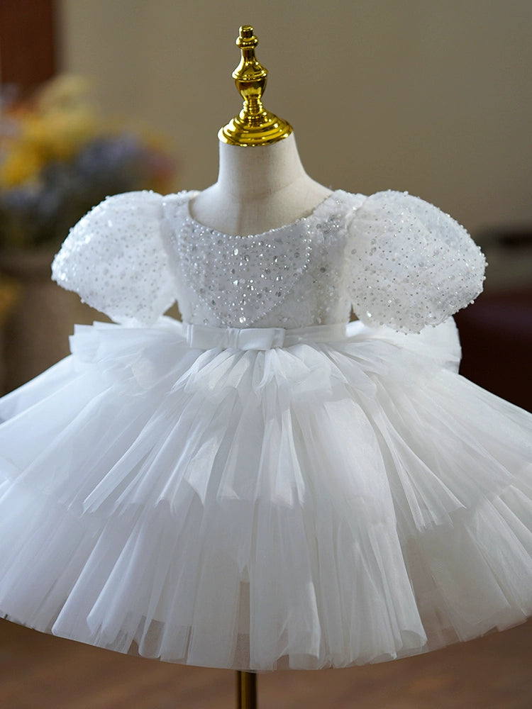 Princess White Tulle Back Zip Baptism Sequin Tea Length Short Sleeve Puff Sleeve Boat Neck Flower Girl Dress