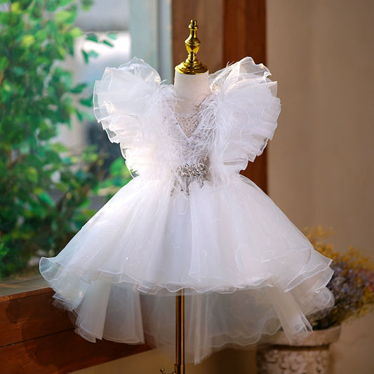 Princess White Tulle Back Zip Baptism Sequins Tea Length Short Sleeve Cap Sleeve V-Neck Flower Girl Dress