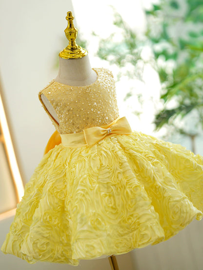 Princess Yellow Lace Back Zip Baptism Lace Tea Length Sleeveless Round Flower Girl Dress