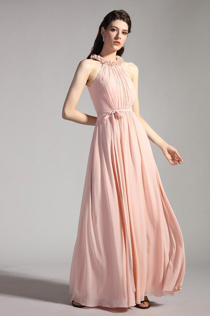 A-line Halter Sleeveless Full Length Chiffon Promo Dresses