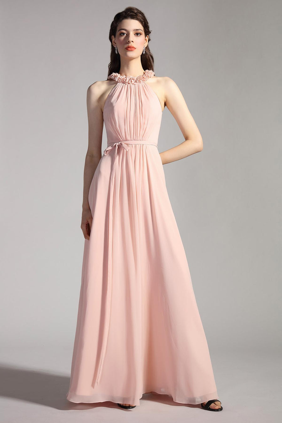 A-line Halter Sleeveless Full Length Chiffon Promo Dresses