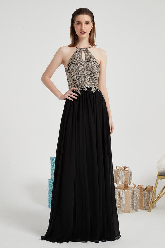 A-line Halter Sleeveless Full Length Lace Promo Dresses