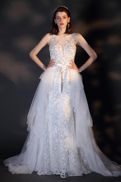 A-line Illusion Sleeveless Full Length Lace Wedding Dresses