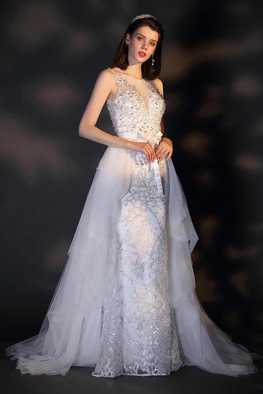 A-line Illusion Sleeveless Full Length Lace Wedding Dresses