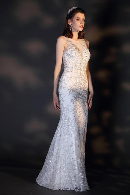 A-line Illusion Sleeveless Full Length Lace Wedding Dresses