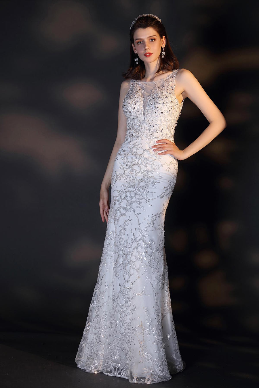 A-line Illusion Sleeveless Full Length Lace Wedding Dresses