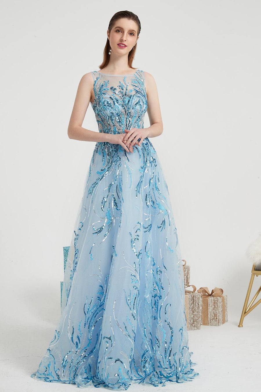 A-line Illusion Sleeveless Full Length Tulle Promo Dresses