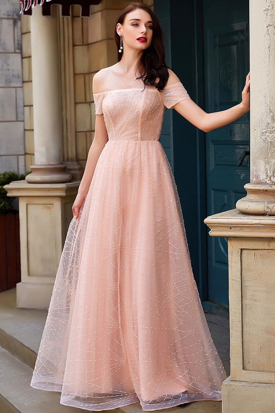 A-line Off Shoulder Short Sleeves Full Length Chiffon Promo Dresses