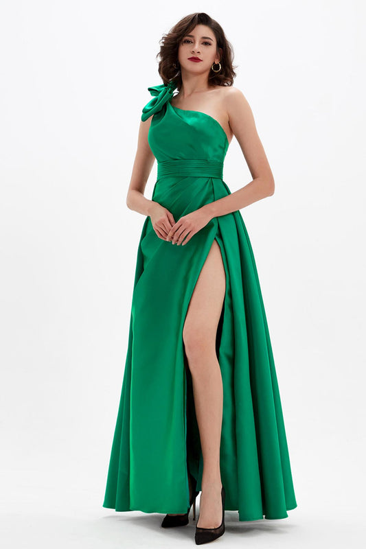 A-line One Shoulder Sleeveless Full Length Satin Promo Dresses