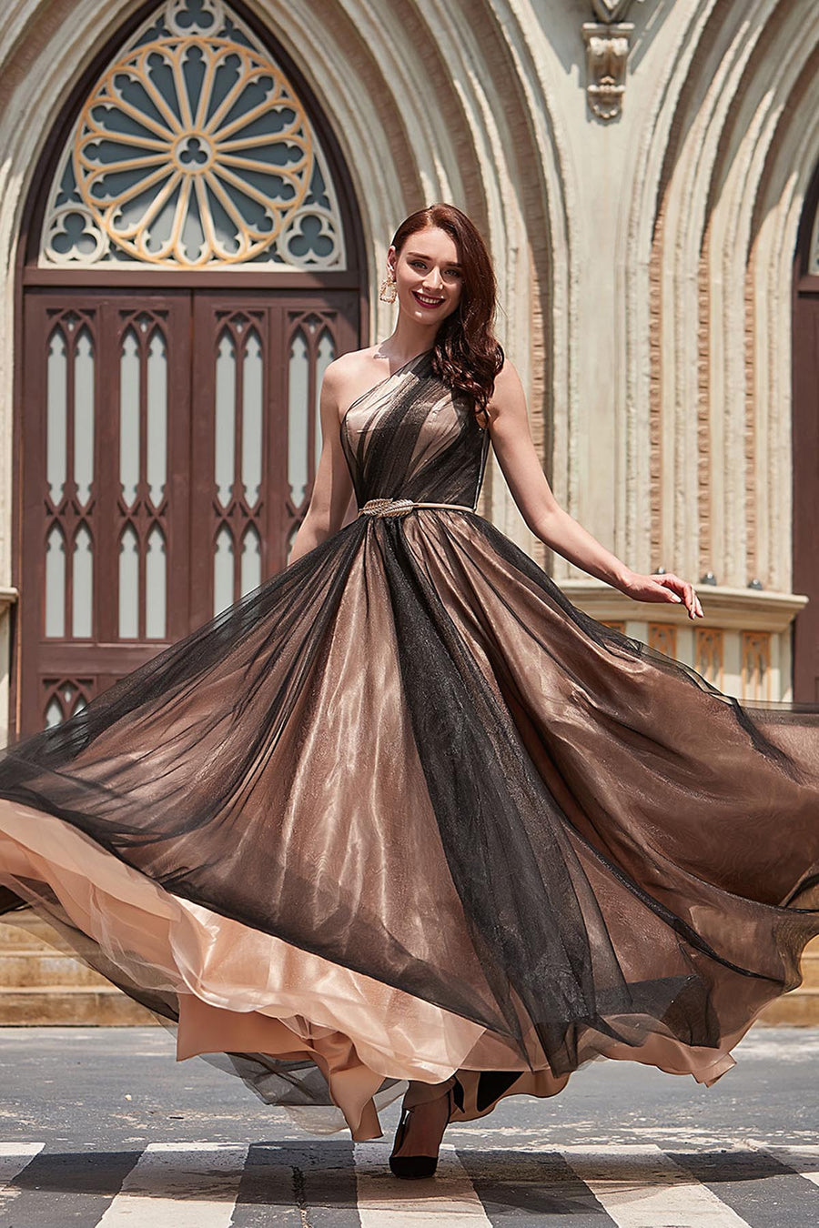 A-line One Shoulder Sleeveless Full Length Tulle Promo Dresses