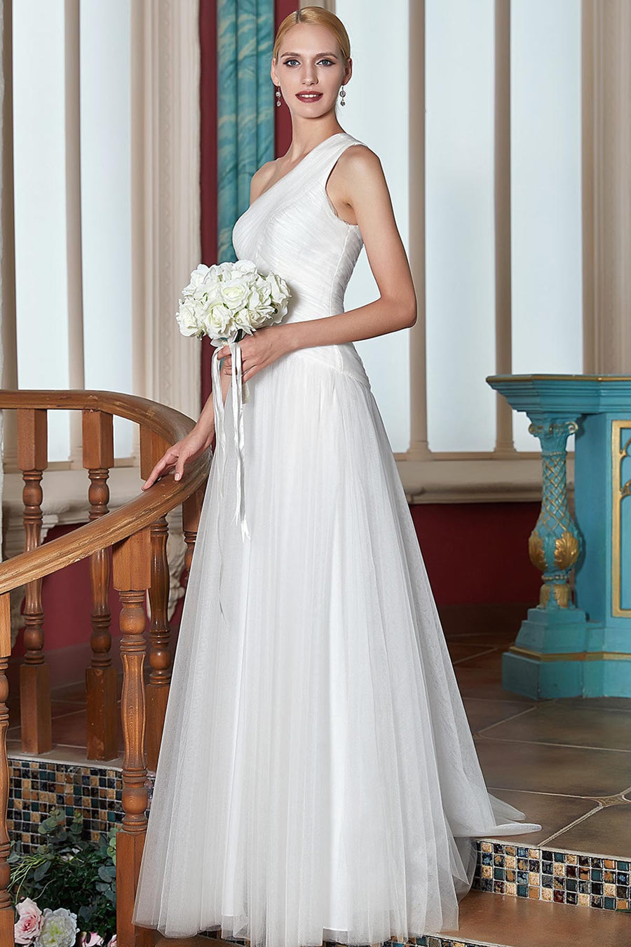 White Tulle Wedding Dresses Sleeveless Dress One Shoulder