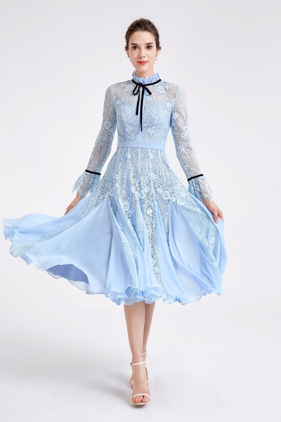 A-line Round Long Sleeves Tea Length Lace Promo Dresses