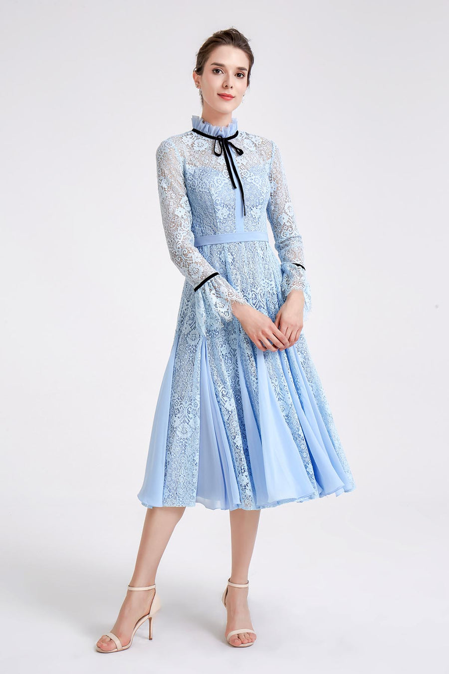 A-line Round Long Sleeves Tea Length Lace Promo Dresses