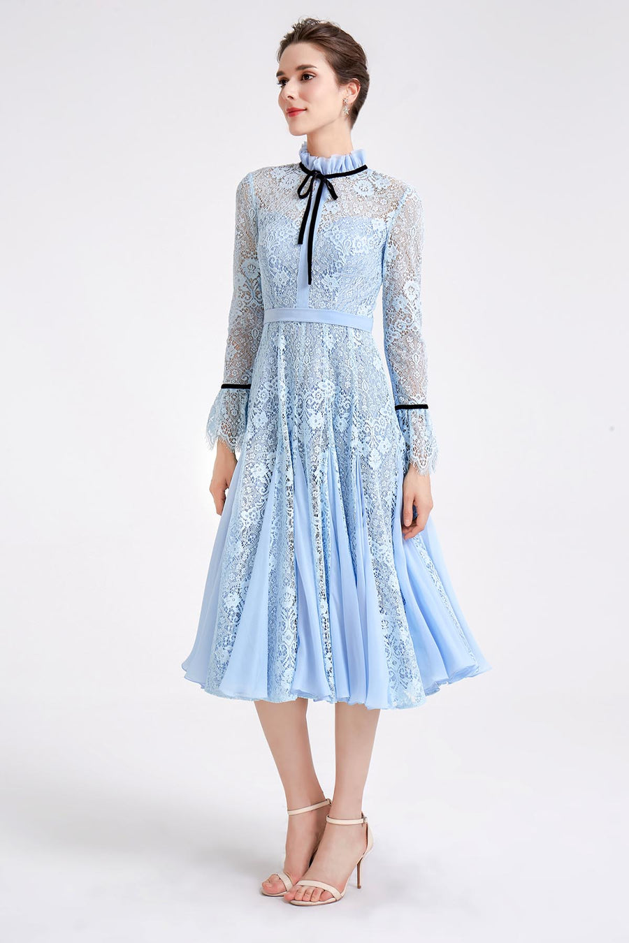 A-line Round Long Sleeves Tea Length Lace Promo Dresses