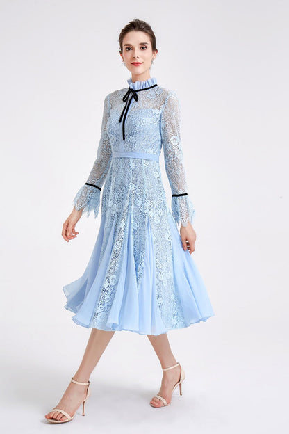 A-line Round Long Sleeves Tea Length Lace Promo Dresses