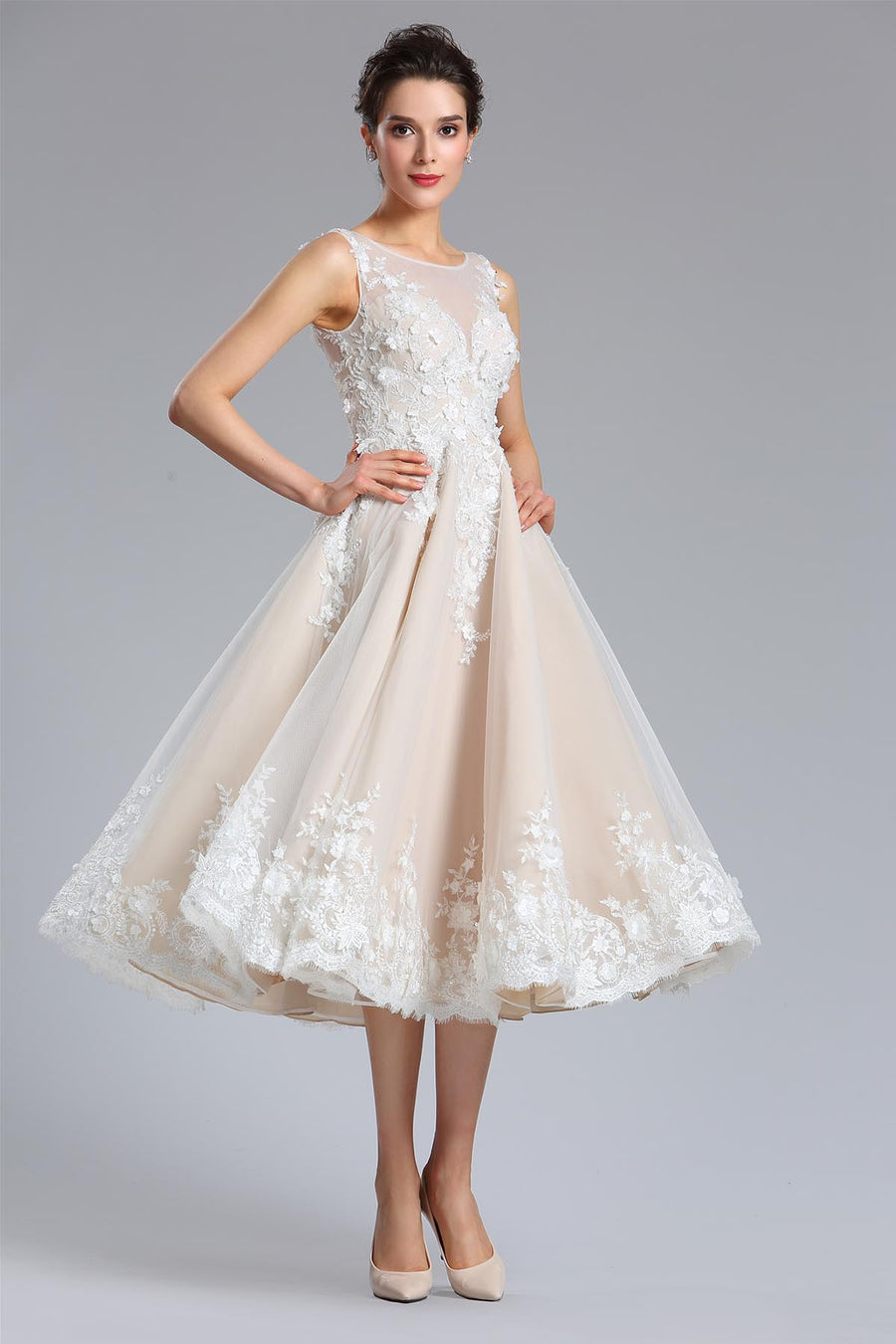A-line Round Sleeveless Tea Length Lace Promo Dresses