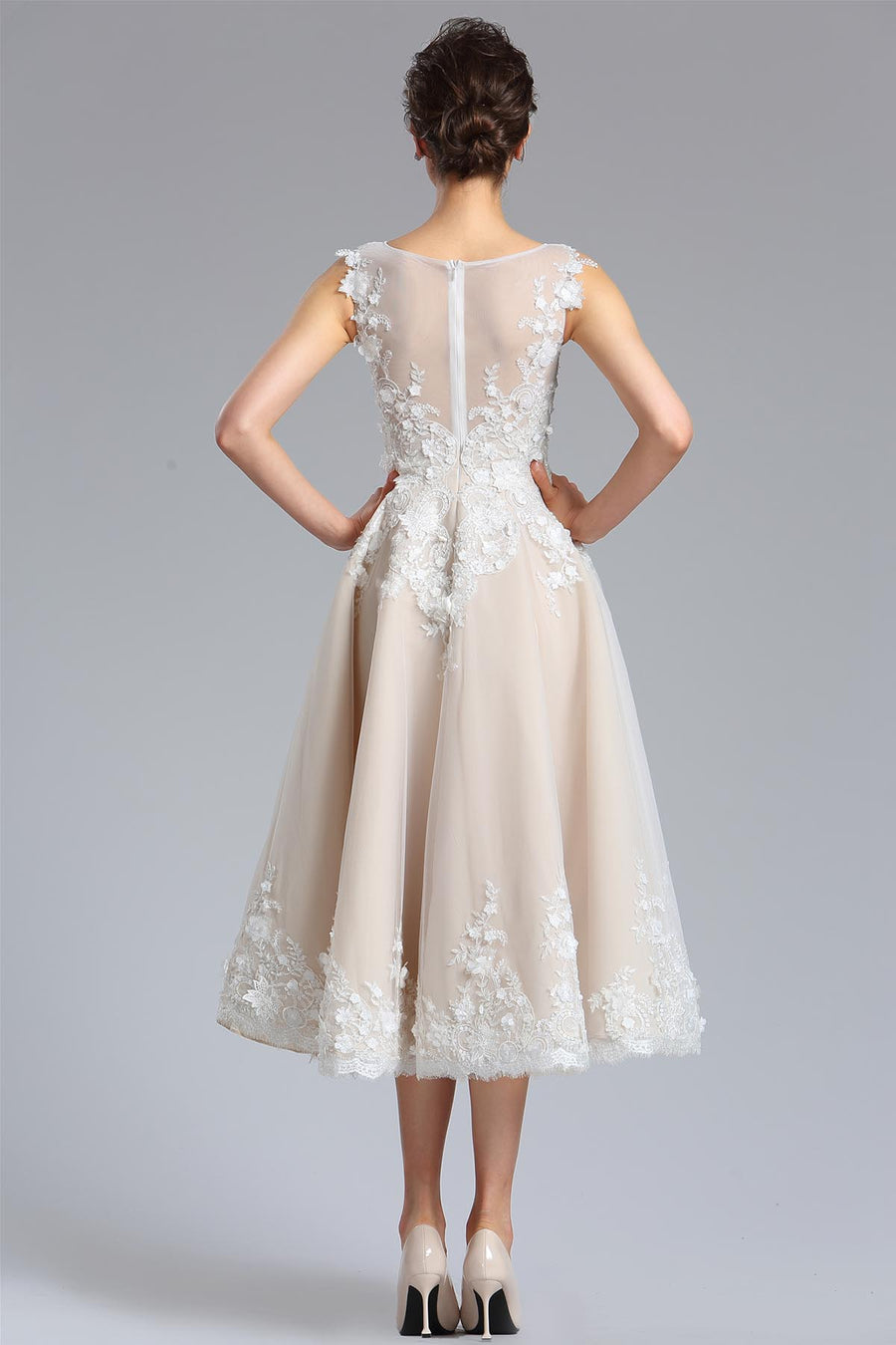 A-line Round Sleeveless Tea Length Lace Promo Dresses