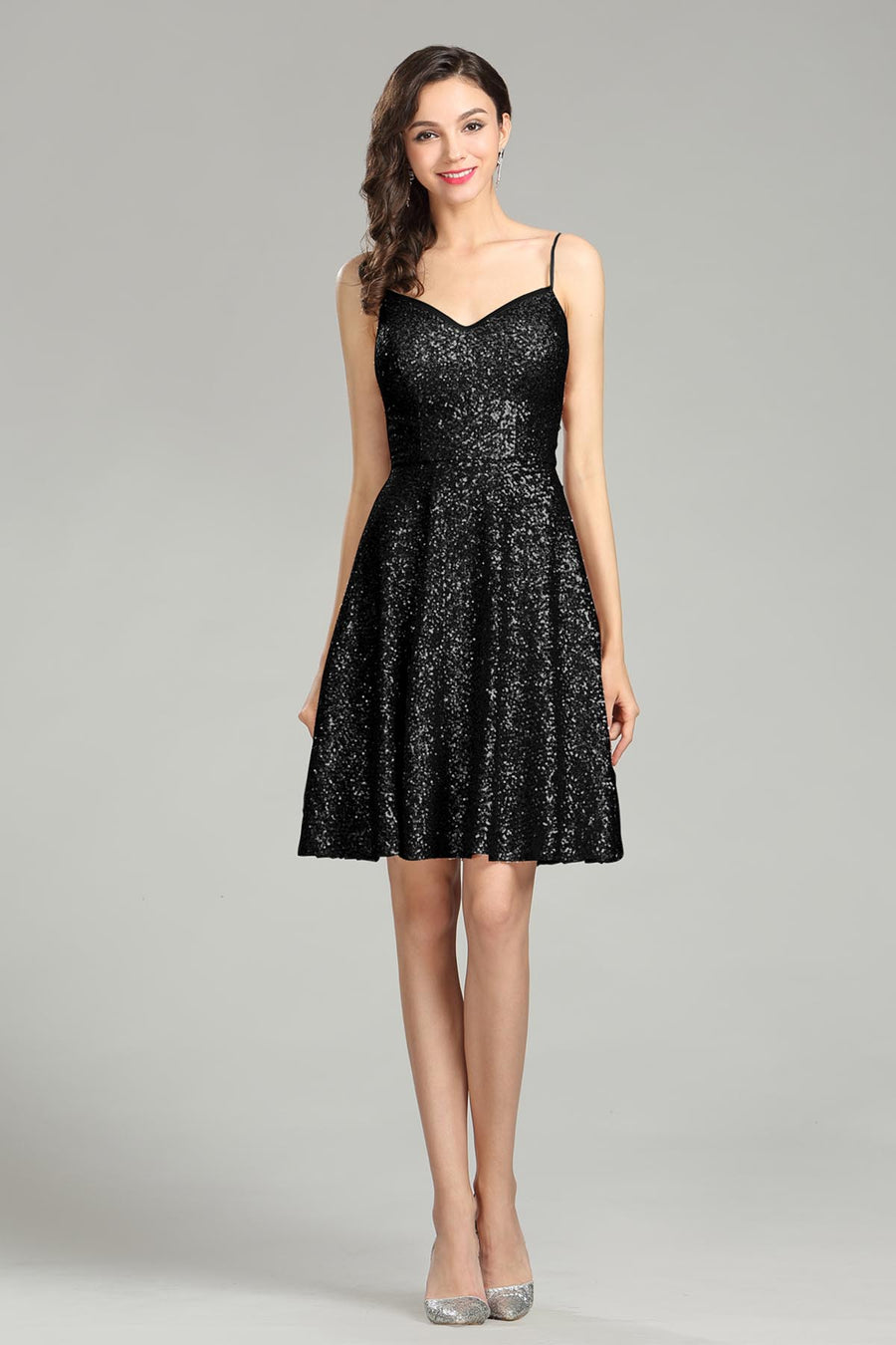 A-line Spaghetti-straps Sleeveless Knee Length Sequined Promo Dresses