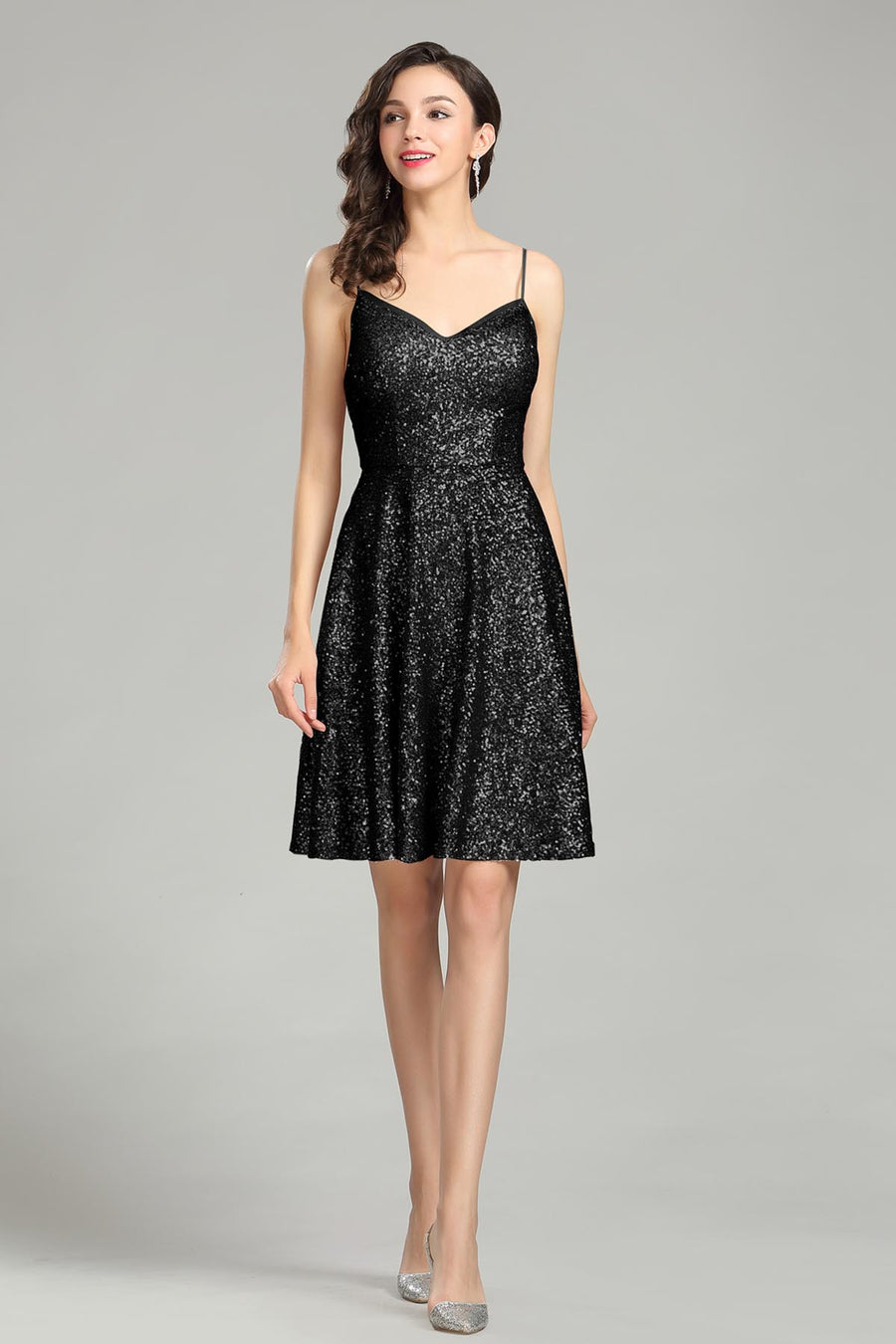 A-line Spaghetti-straps Sleeveless Knee Length Sequined Promo Dresses