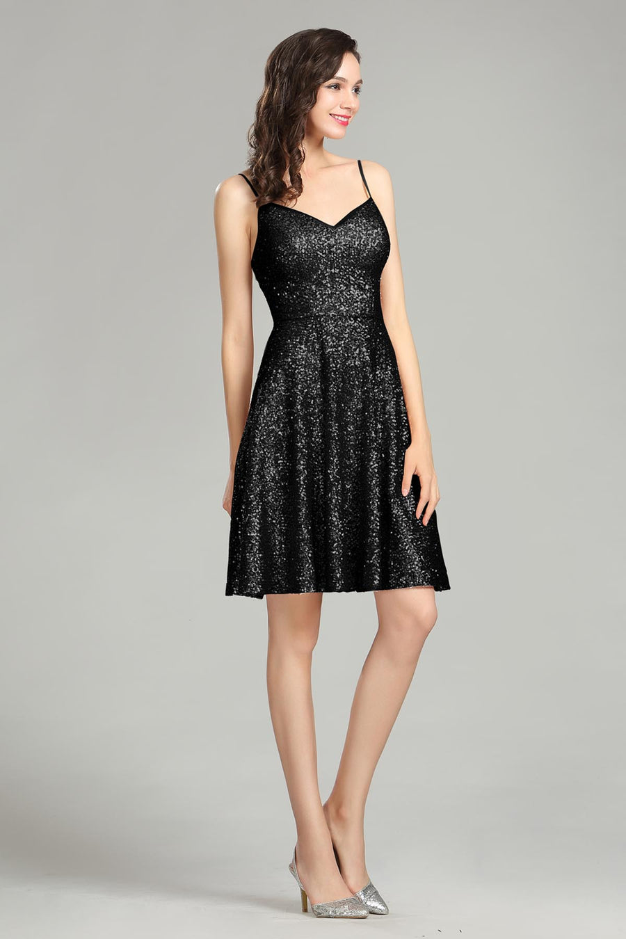 A-line Spaghetti-straps Sleeveless Knee Length Sequined Promo Dresses