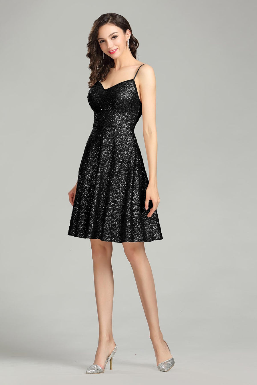 A-line Spaghetti-straps Sleeveless Knee Length Sequined Promo Dresses