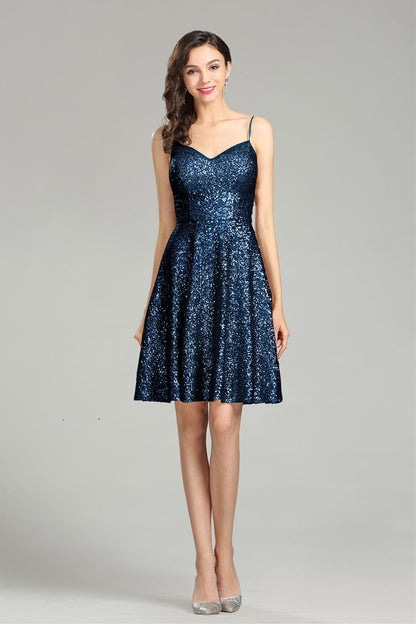 A-line Spaghetti-straps Sleeveless Knee Length Sequined Promo Dresses