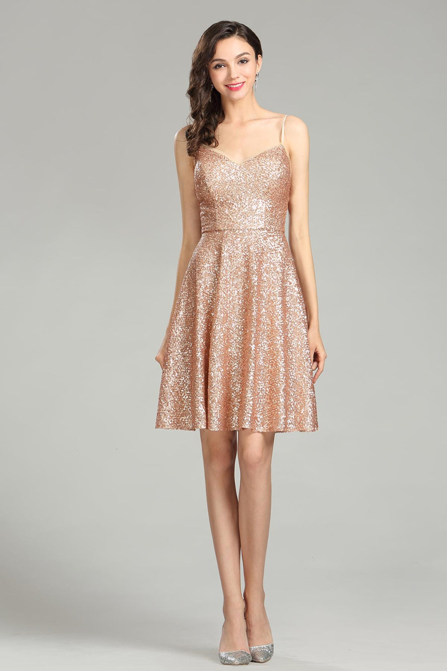 A-line Spaghetti-straps Sleeveless Knee Length Sequined Promo Dresses