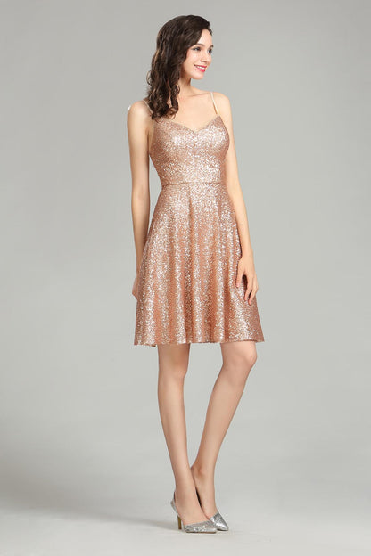 A-line Spaghetti-straps Sleeveless Knee Length Sequined Promo Dresses