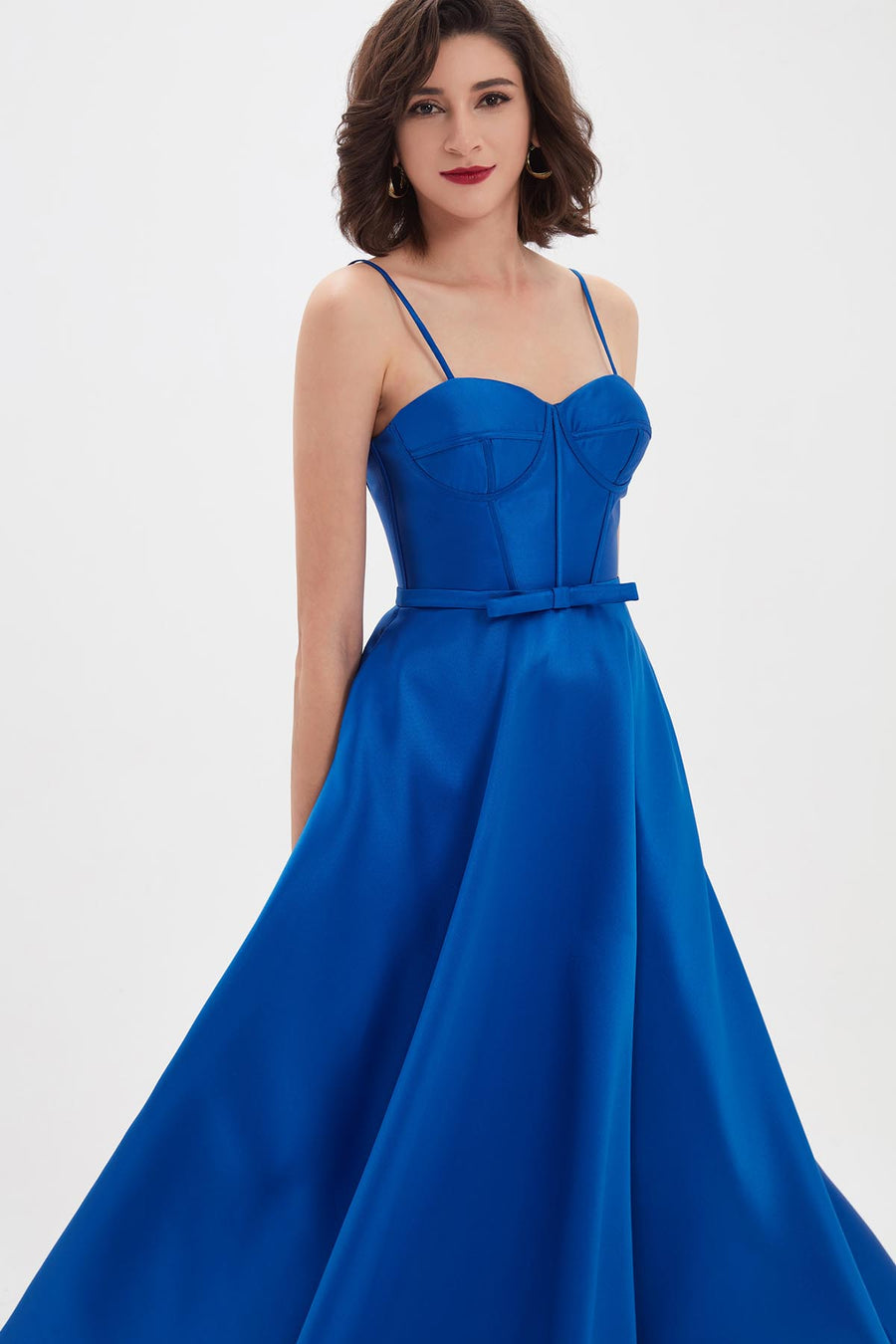 A-line Spaghetti-straps Sleeveless Tea Length Satin Promo Dresses