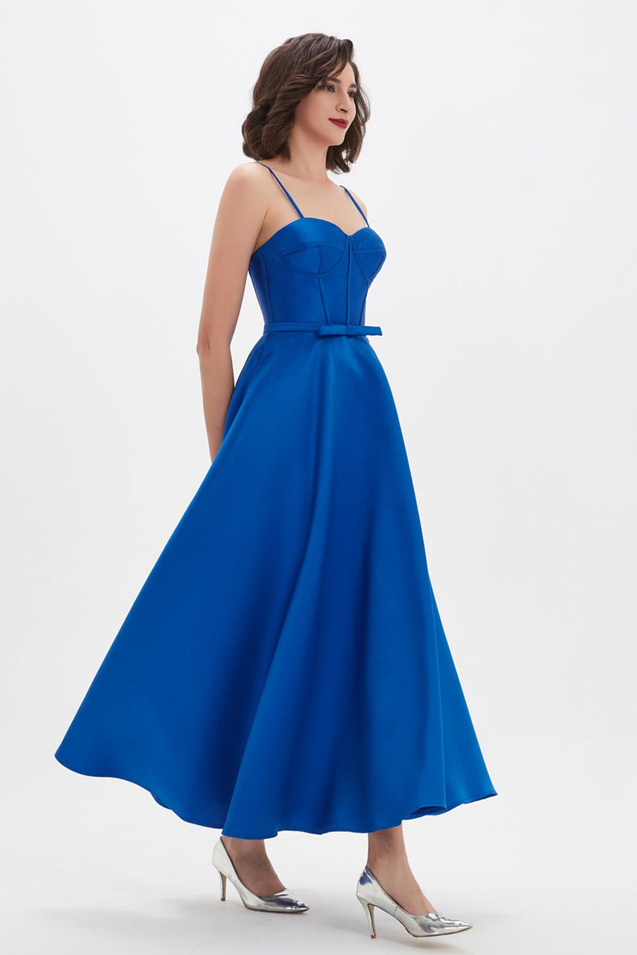 A-line Spaghetti-straps Sleeveless Tea Length Satin Promo Dresses