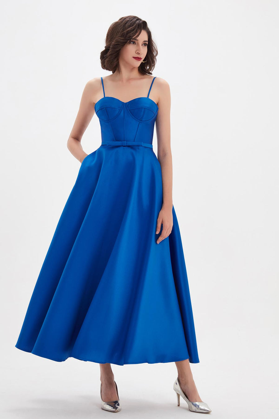 A-line Spaghetti-straps Sleeveless Tea Length Satin Promo Dresses