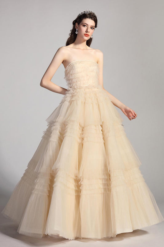 A-line Strapless Sleeveless Full Length Tulle Promo Dresses