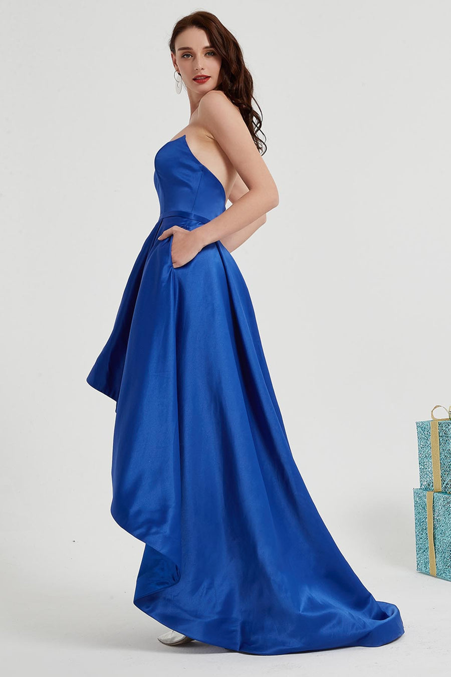 A-line Strapless Sleeveless High Low Charmeuse Promo Dresses